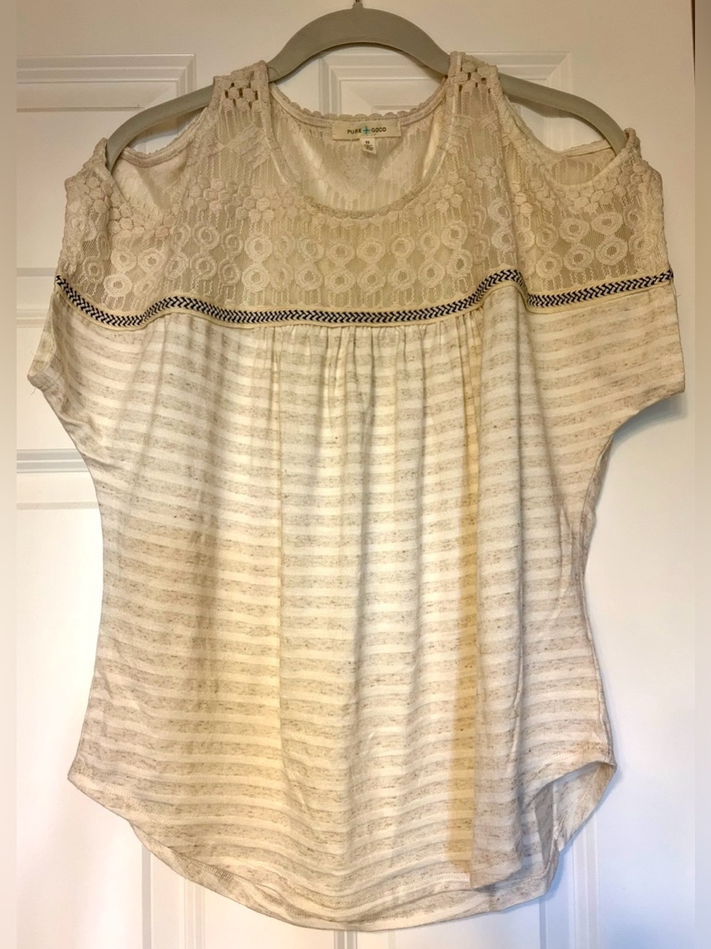 Anthropologie Pure + Good Cream and White Striped Top with Lace Open Shoulder
